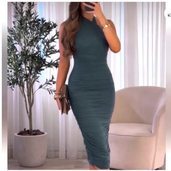 NEW ZARA Fitted Organza  Halter Midi Dress in Green, Size S - Picture 8 of 16